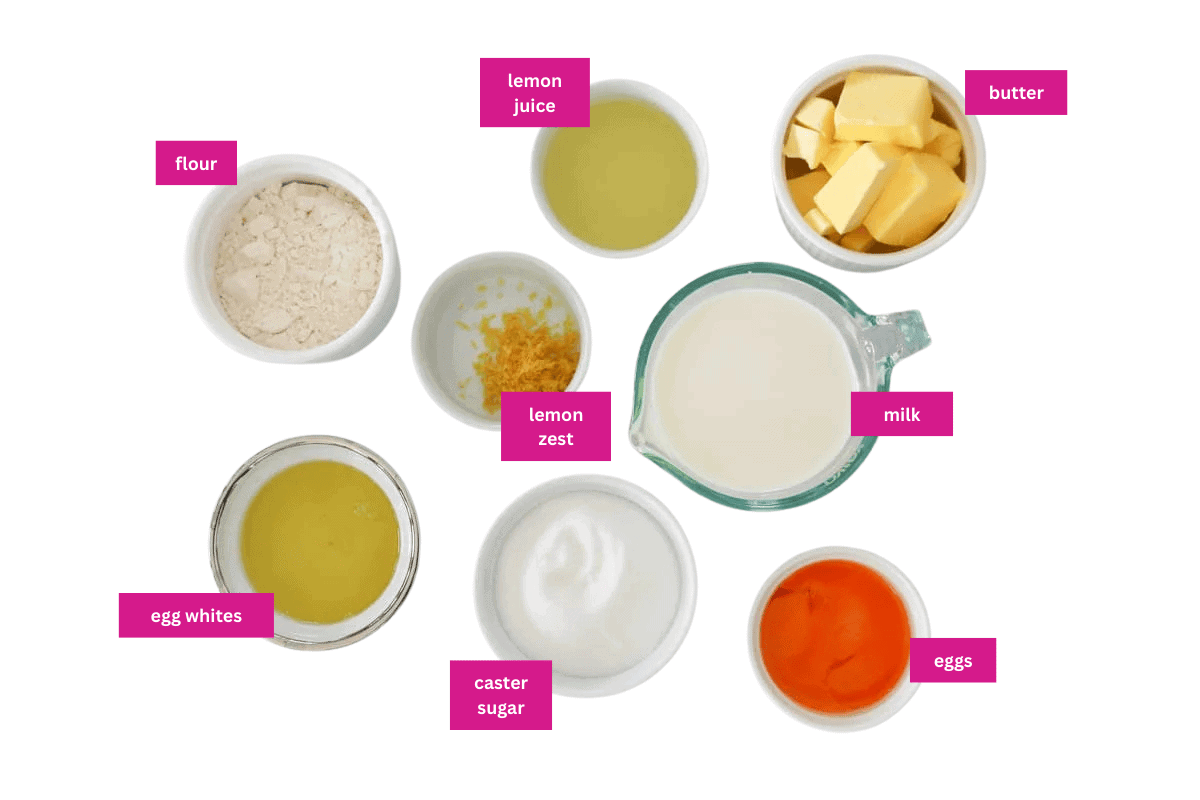 The ingredients for a lemon delicious pudding in small bowls. 