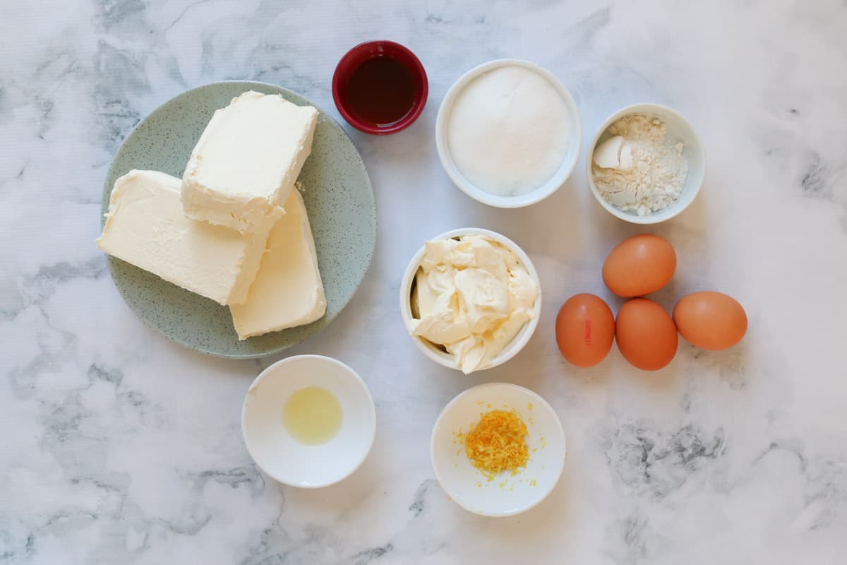 The ingredients for a New York Baked Cheesecake.