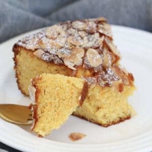 A forkful of almond and orange cake.