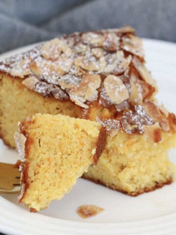 A forkful of almond and orange cake.