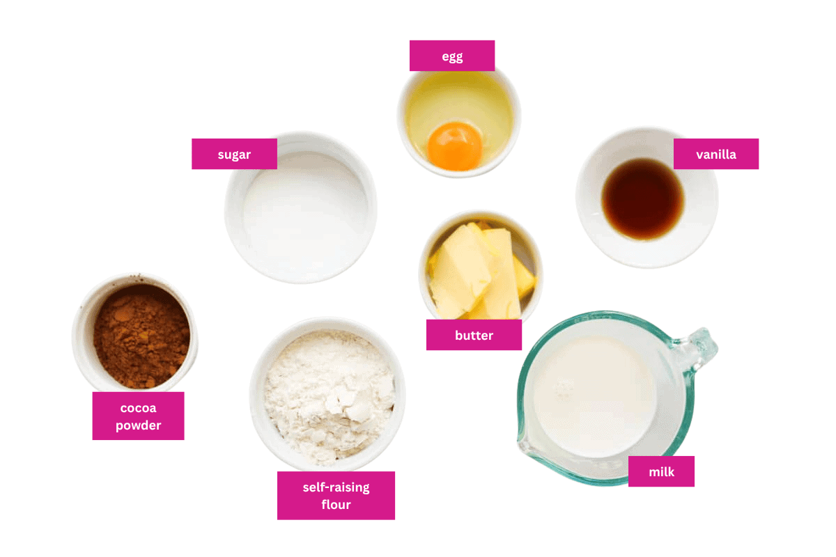 The ingredients for a chocolate self saucing pudding.