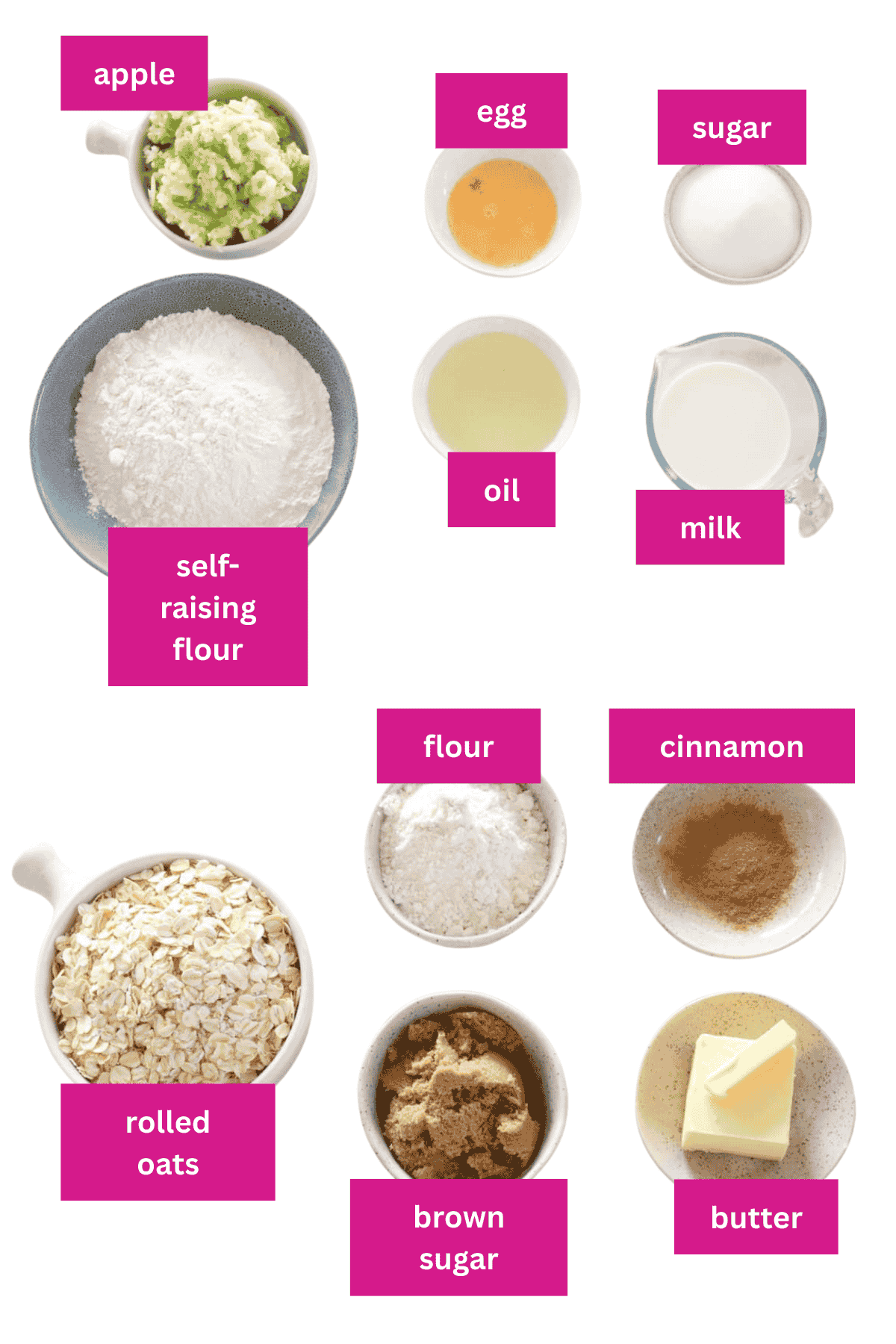 The ingredients for apple crumble muffins in small bowls. 