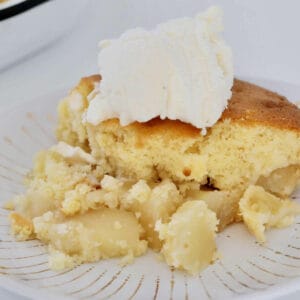 Fluffy sponge with apple underneath and ice cream on top.