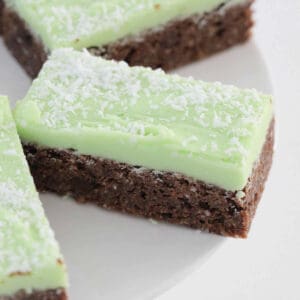 Pieces of chocolate slice with a green peppermint icing.