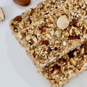 An overhead shot of date energy bars with oats and nuts.
