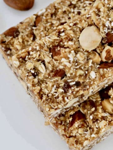 An overhead shot of date energy bars with oats and nuts.