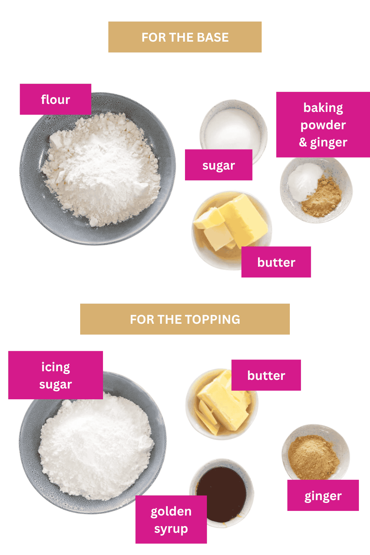 The ingredients for a ginger crunch slice in small bowls.
