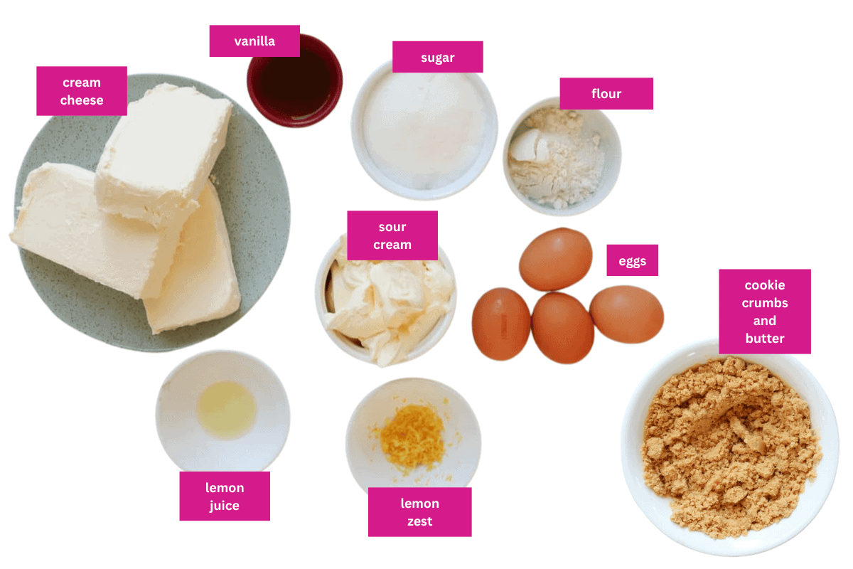 The ingredients for a new york baked cheesecake in small bowls.