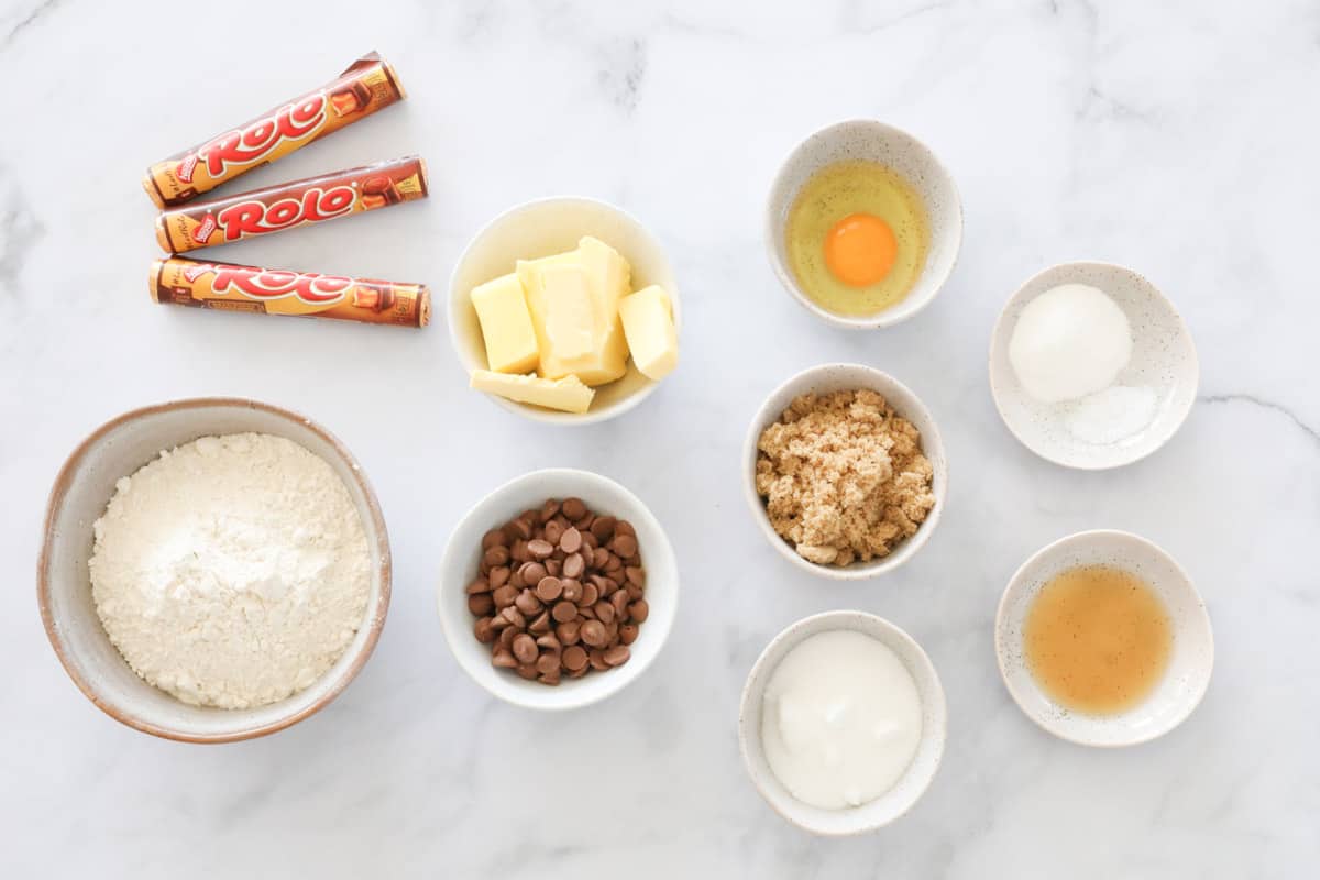 The ingredients for cookies with Rolo chocolates.