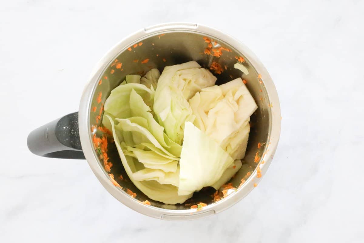 Green cabbage in a Thermomix bowl.