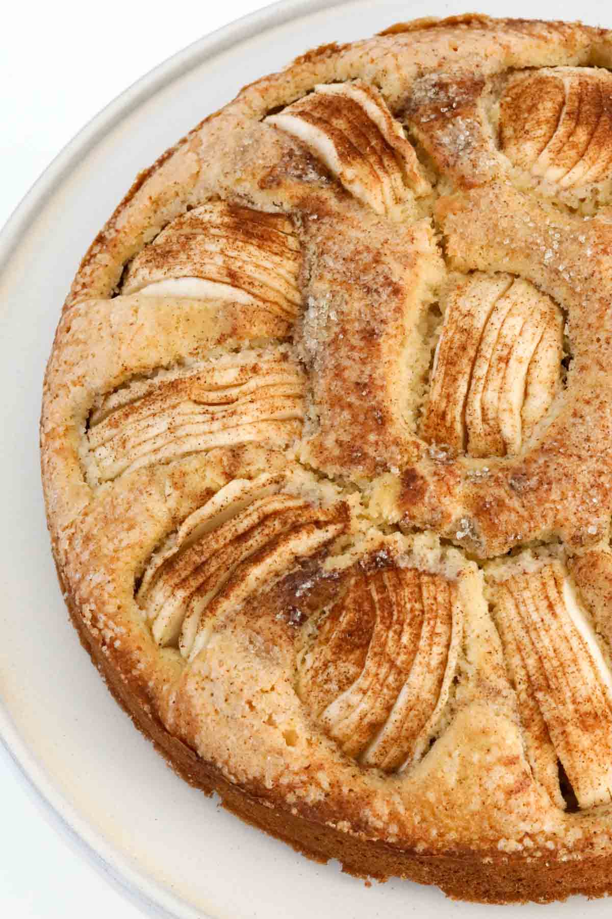 An overhead shot of Apple cake baked with cinnamon and crunchy sugar sprinkled on top.