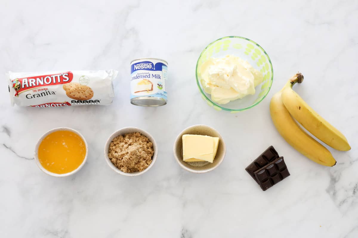 Ingredients for a banana and caramel dessert