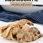 a serve of creamy chicken and mushroom pie with golden pastry topping.