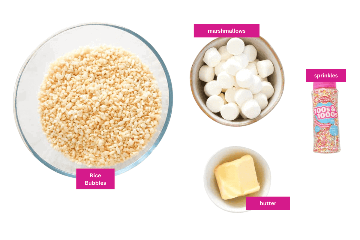 Rice bubbles, butter, marshmallows and sprinkles in small bowls.