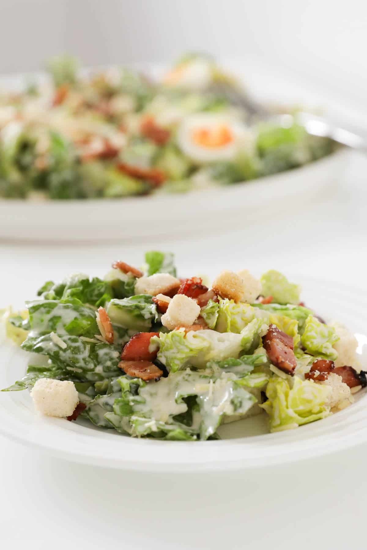 A close up of a plate of Caesar salad.