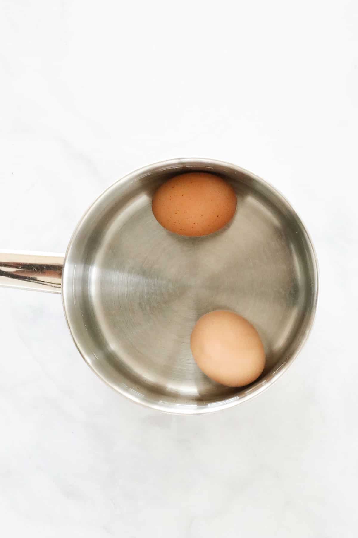 Two eggs in a saucepan.
