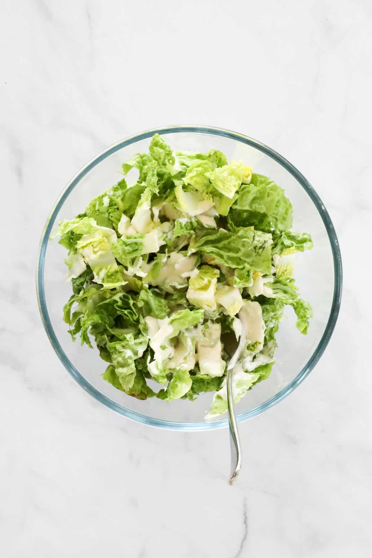A creamy dressing tossed through chopped cos lettuce.