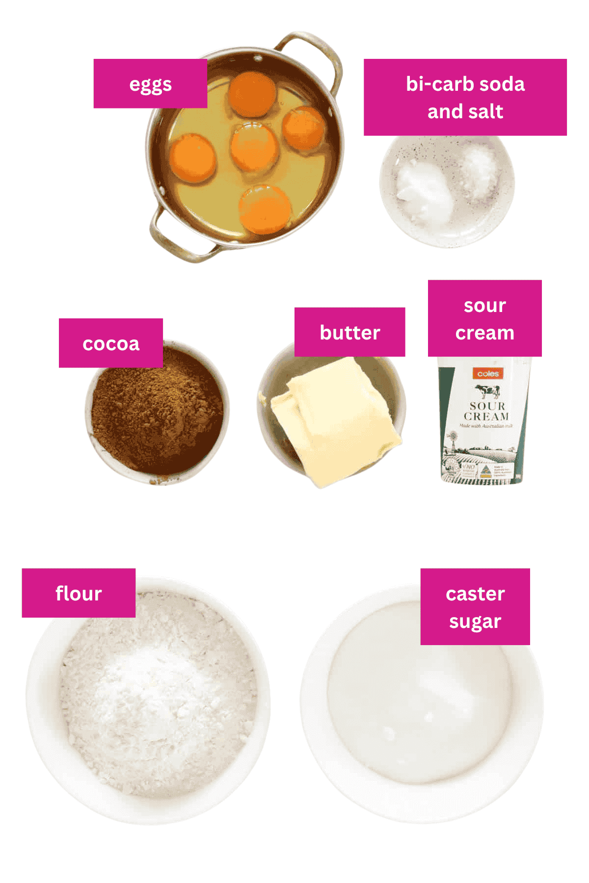 The ingredients for Chocolate Sour Cream Pound Cake in small bowls.