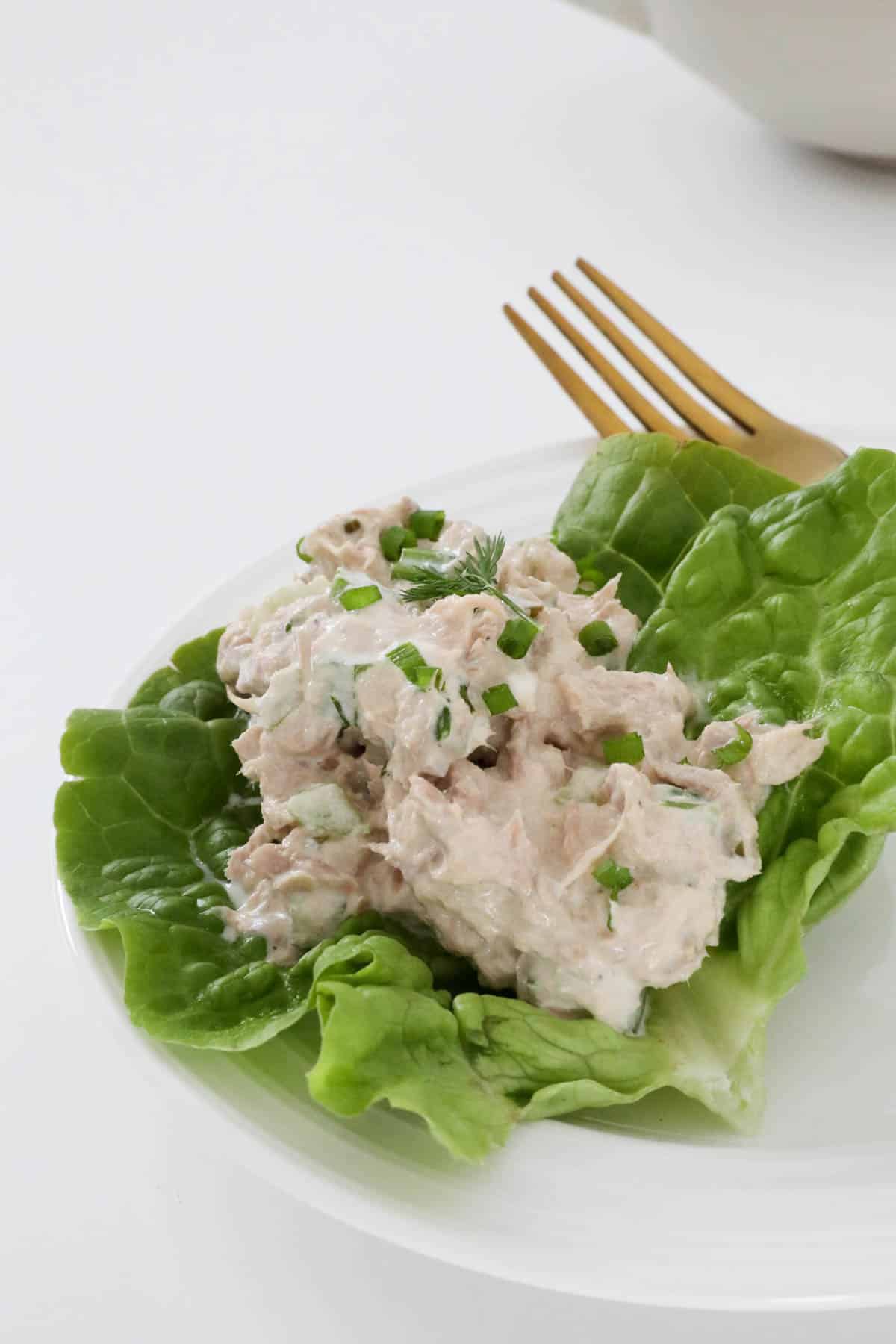 Creamy tuna salad on a lettuce leaf.