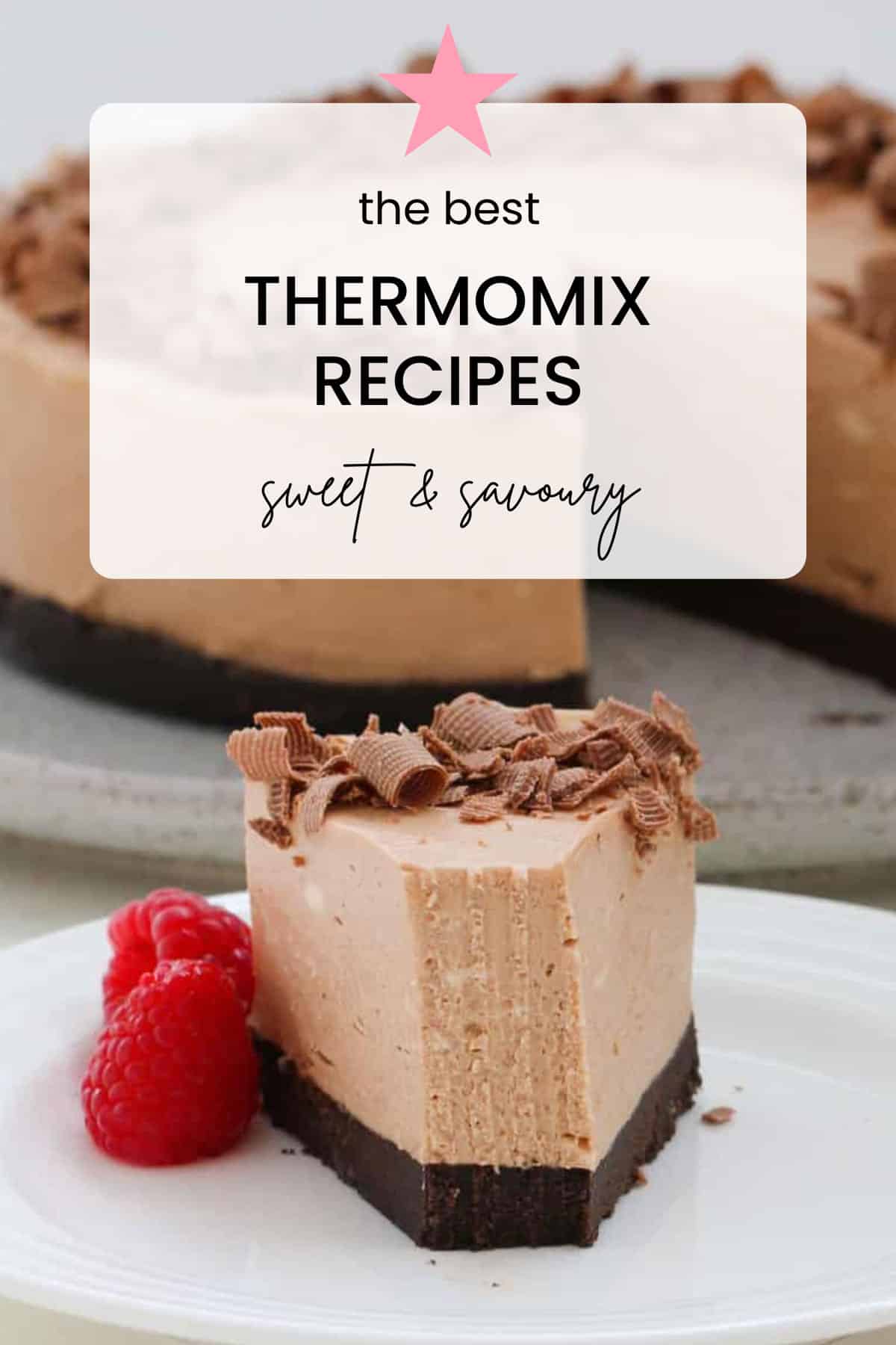 A chocolate cheesecake with the text overlay 'The best Thermomix recipes'. 