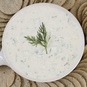 An overhead shot of a bowl of Greek dip with fresh dill on top.