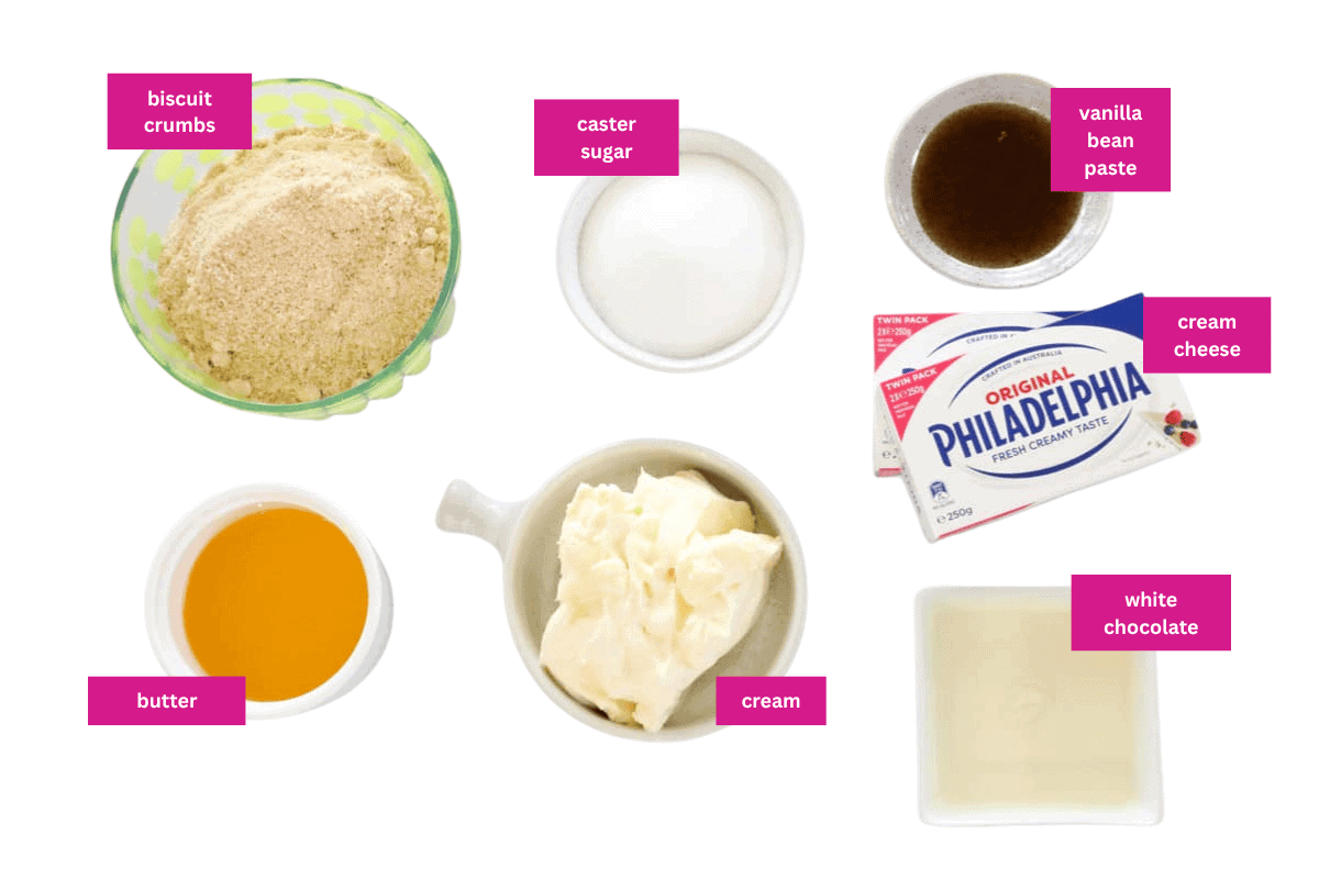The ingredients for a white chocolate cheesecake in small bowls.