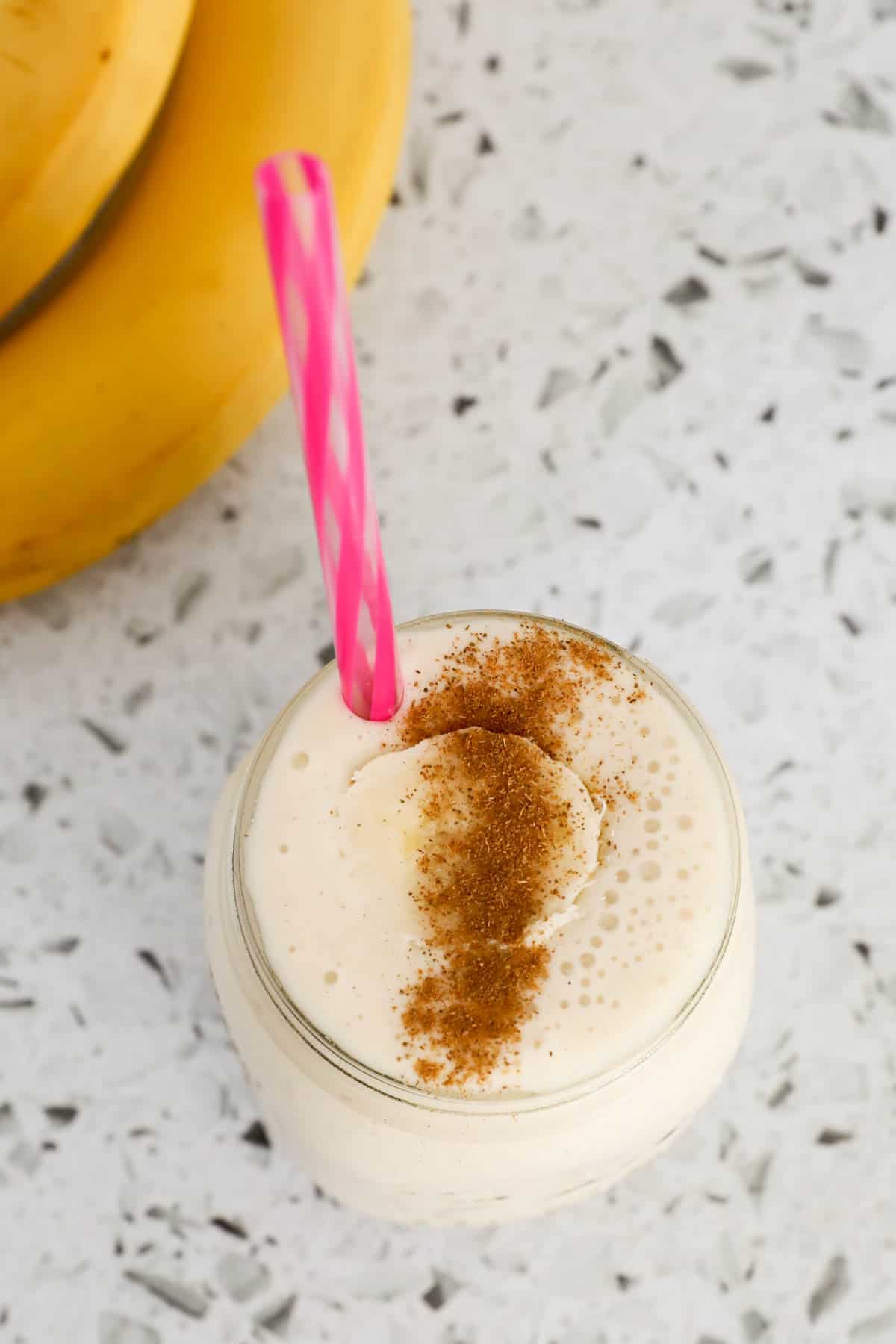 Cinnamon sprinkled over the top of a thick and creamy drink.