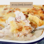 A baking dish filled with a creamy chicken meal, with a spoon in it.