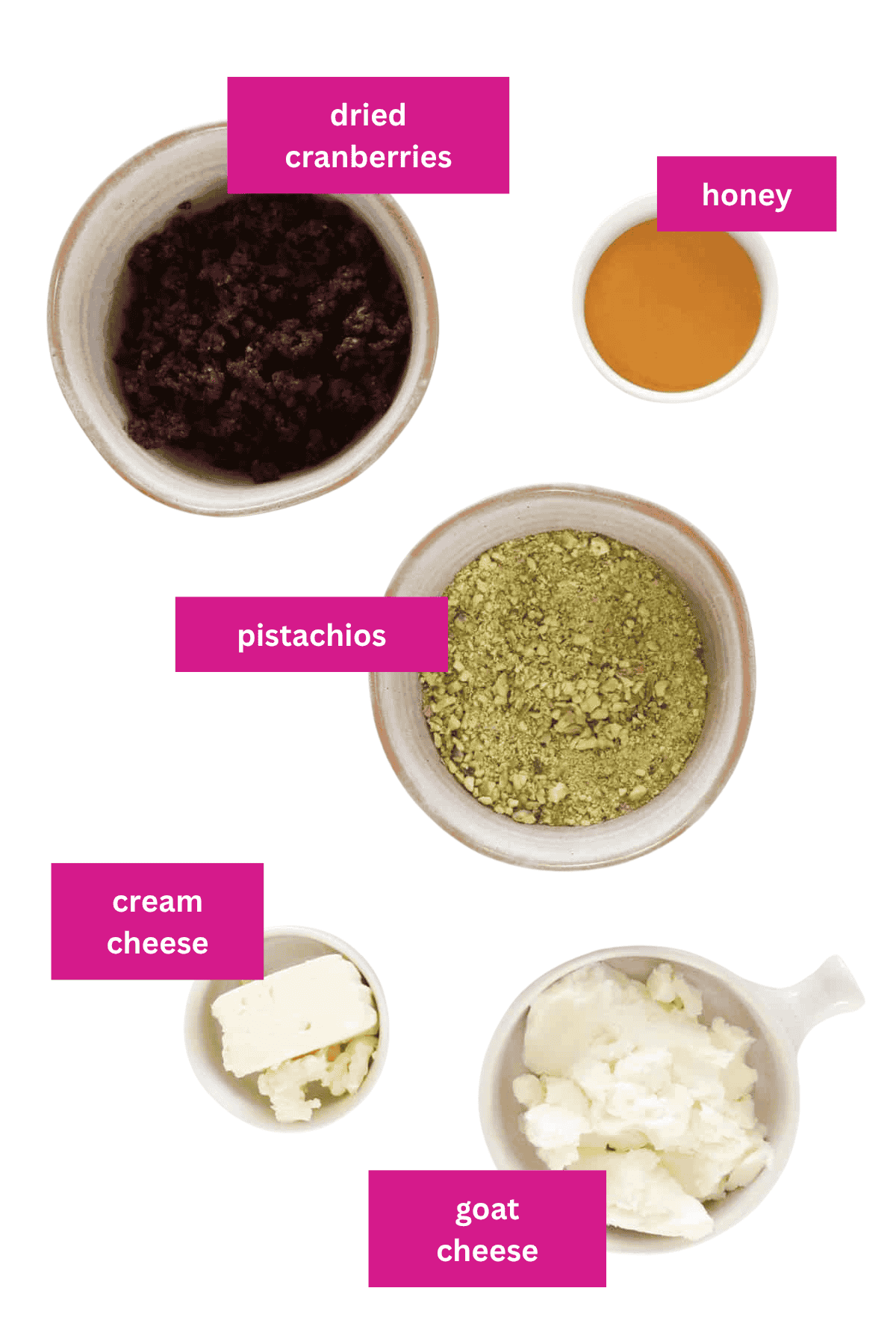 The ingredients for a five ingredient cheese log made with cranberries and pistachios.