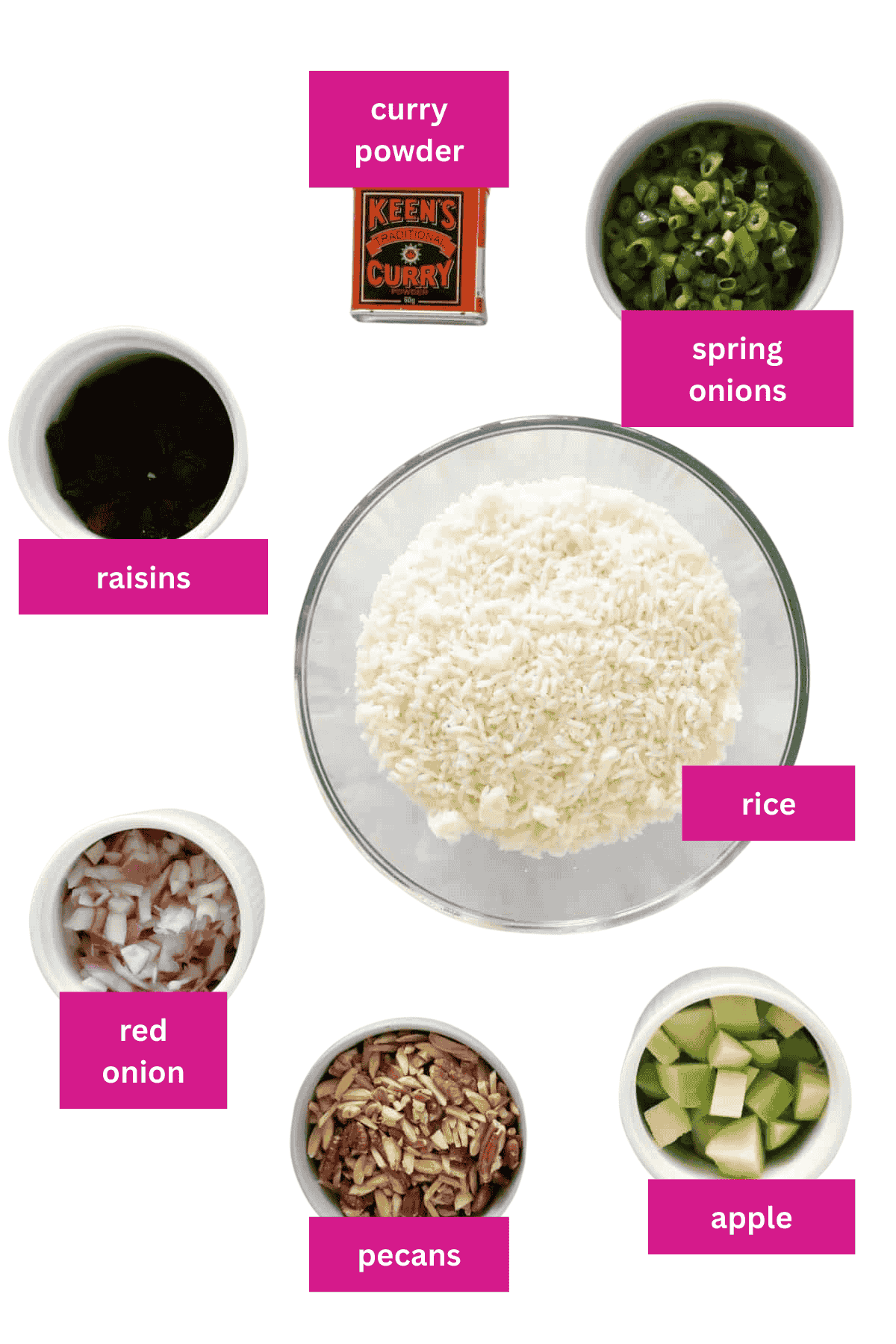 The ingredients for a rice salad with curry powder in small bowls.