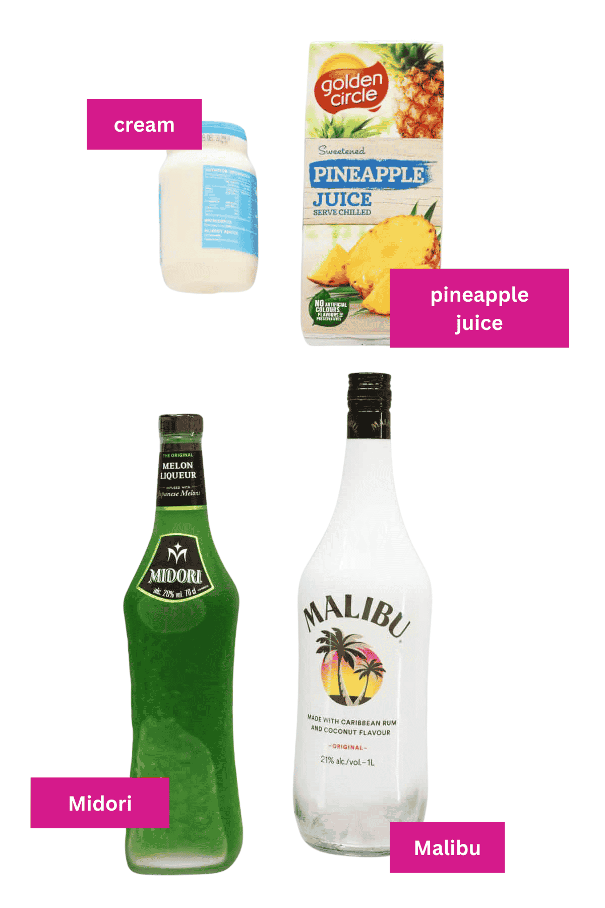 The ingredients for a Midori splice cocktail.