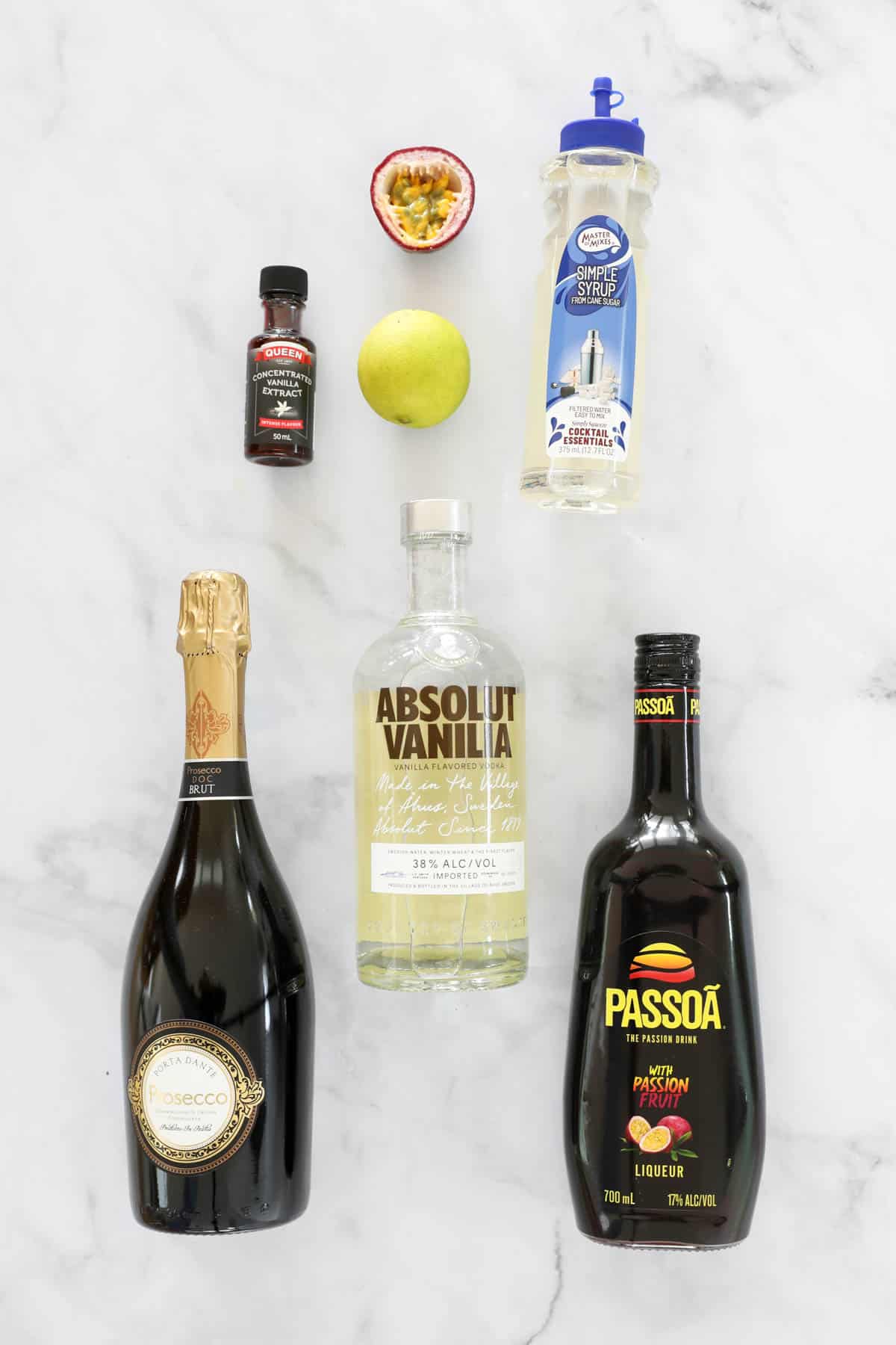 The ingredients for a passionfruit pornstar martini.