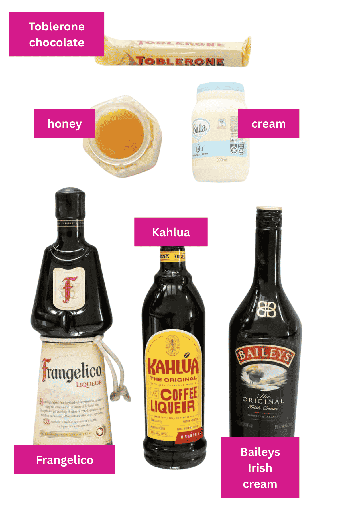 The ingredients for a Toblerone cocktail.