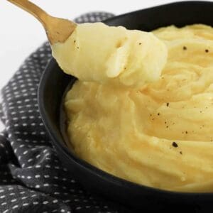 A spoonful of homemade mashed potato.