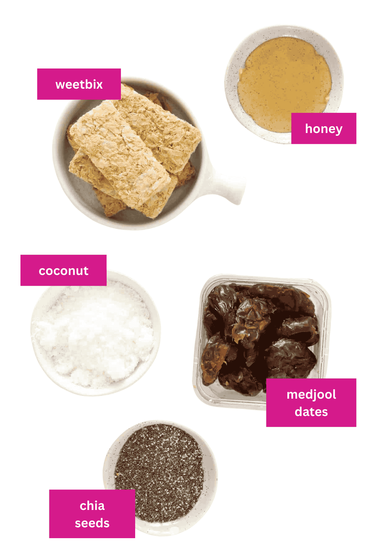 The ingredients for healthy Weetbix balls with chia seeds and dates.