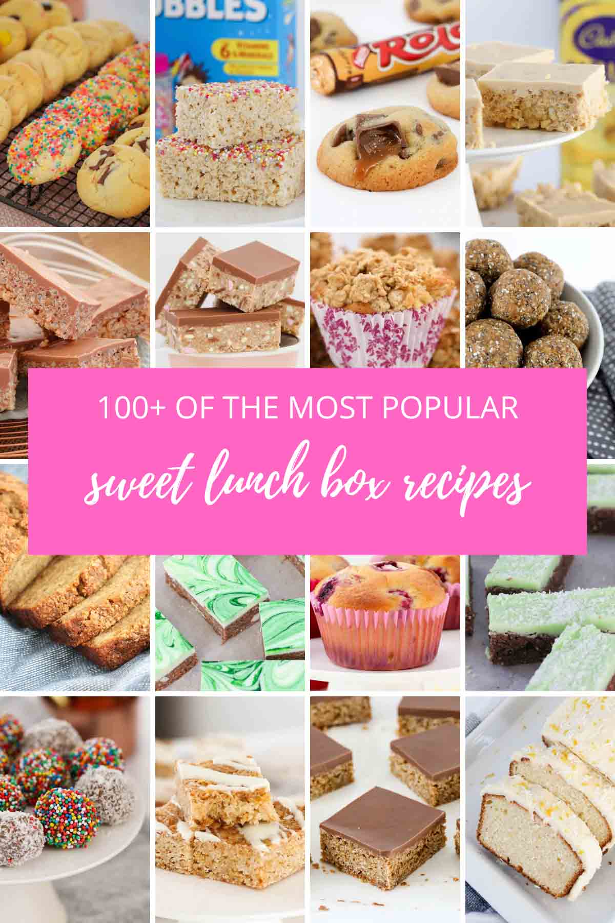A collage of sweet lunch box recipes.