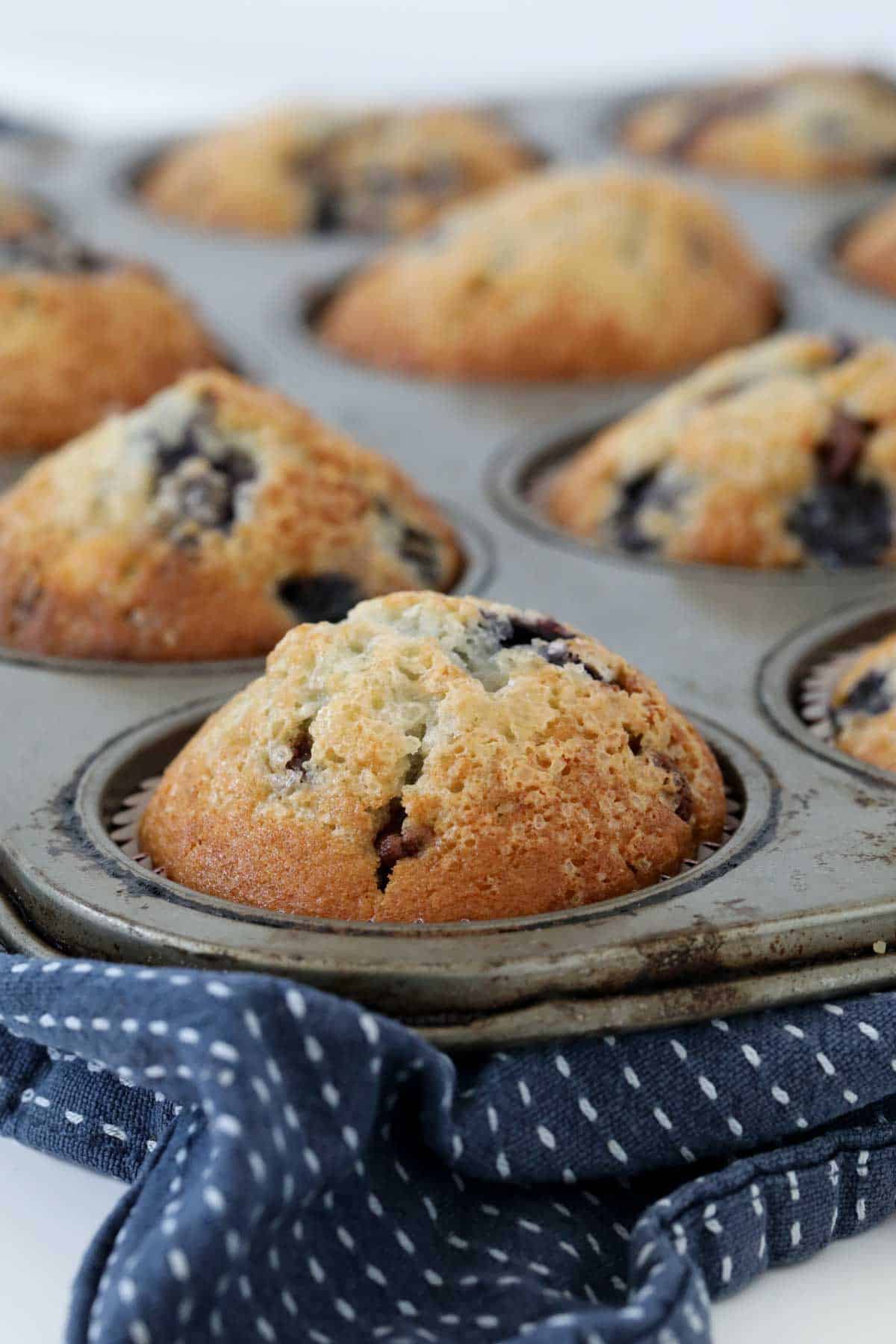 Crunchy sugar topped blueberry muffins with chocolate chips.