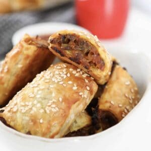 Vegetable sausage rolls in a bowl.