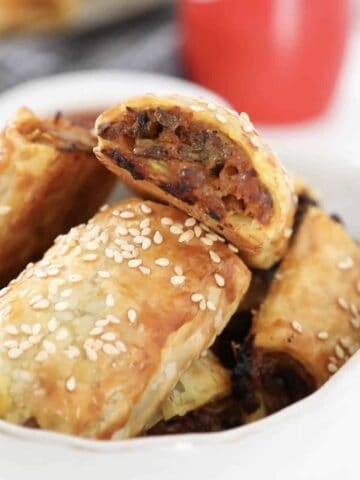 Vegetable sausage rolls in a bowl.