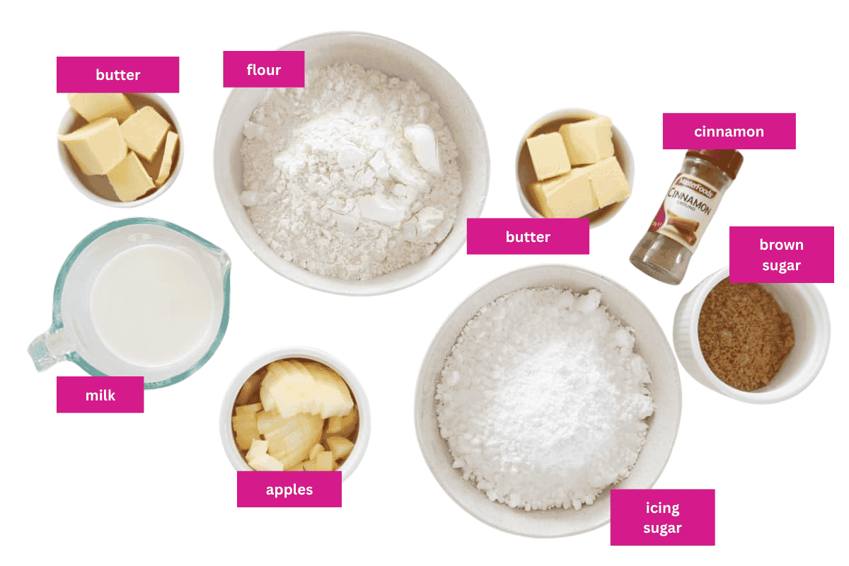 Individual ingredietns for apple and cinnamon scrolls set out.