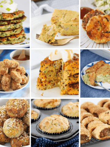 A collage of dishes made with zucchini as an ingredient.