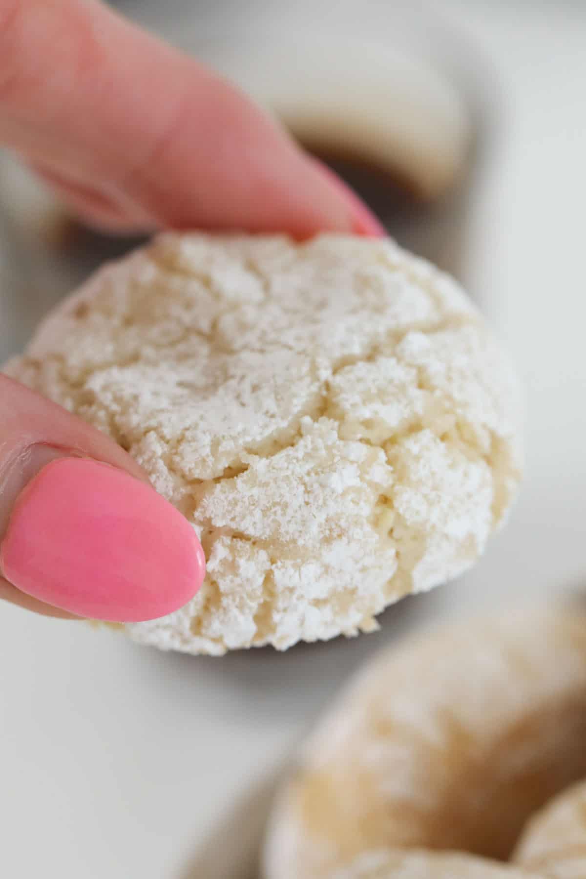 A close up of a hand holding an amaretti biscuit.