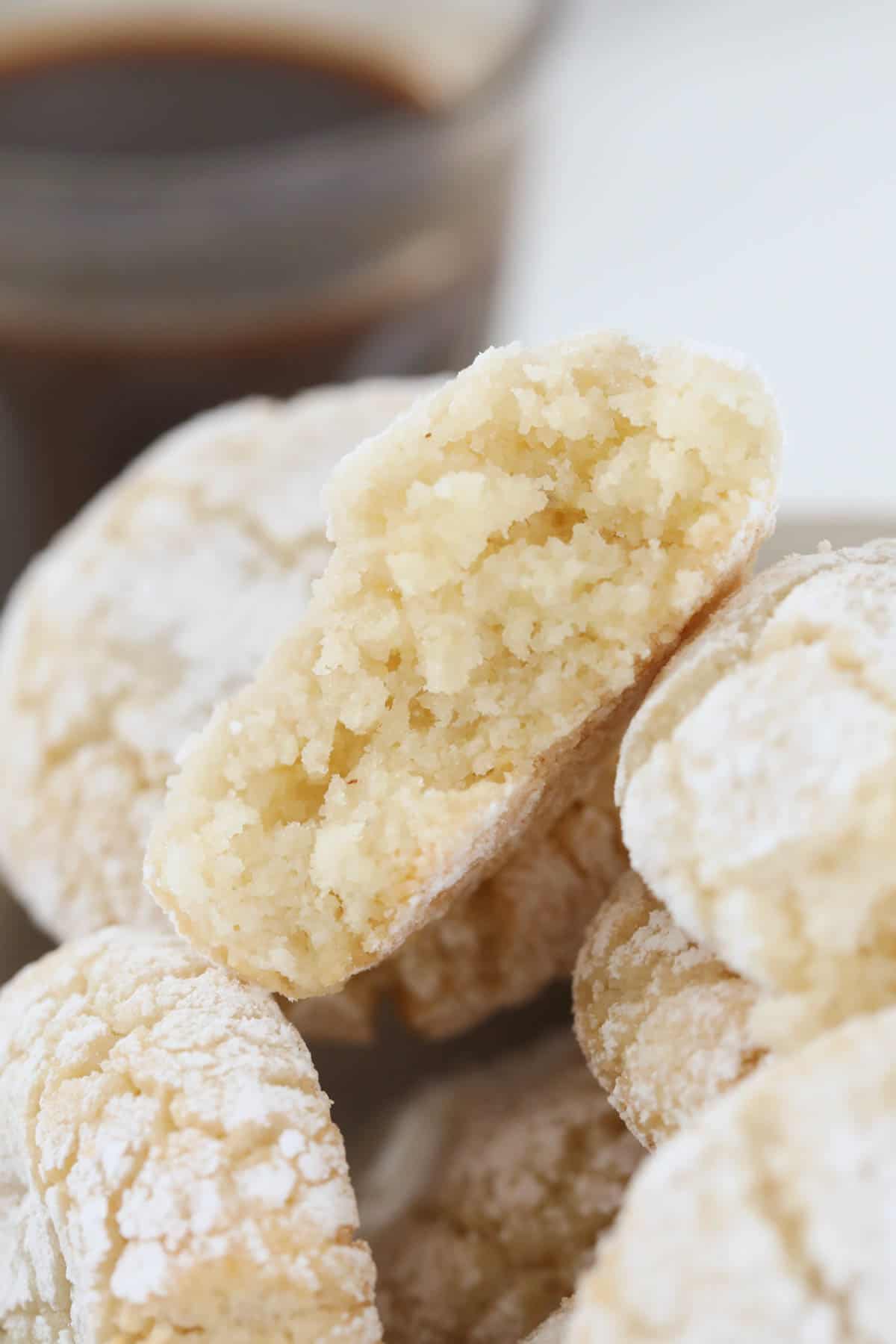 A close up shot of sugar coated Amaretti biscuits.