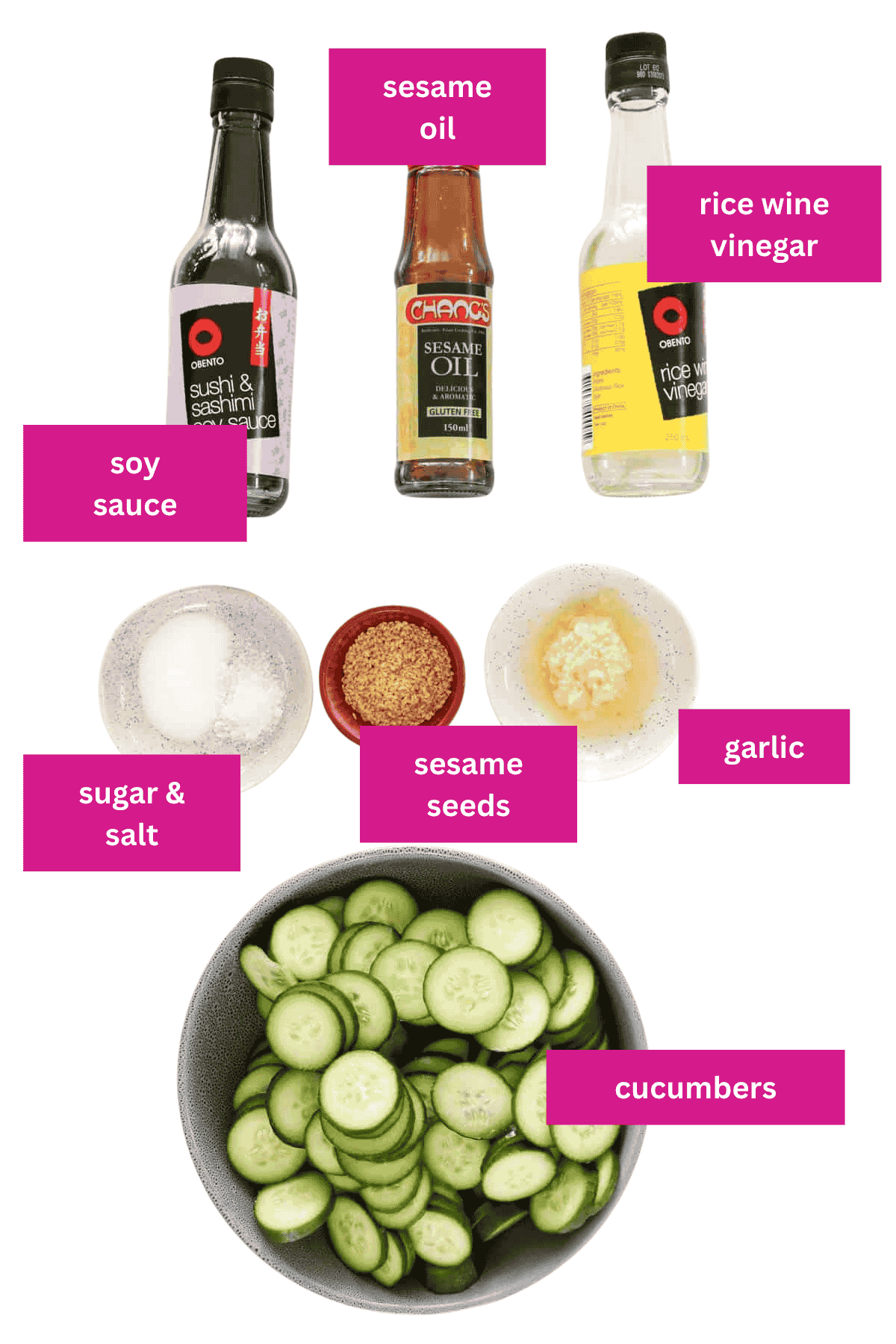 The ingredients for an Asian Cucumber Salad in small bowls.