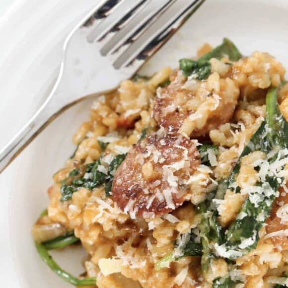 A bowl of chicken chorizo risotto with sun-dried tomatoes and parmesan.