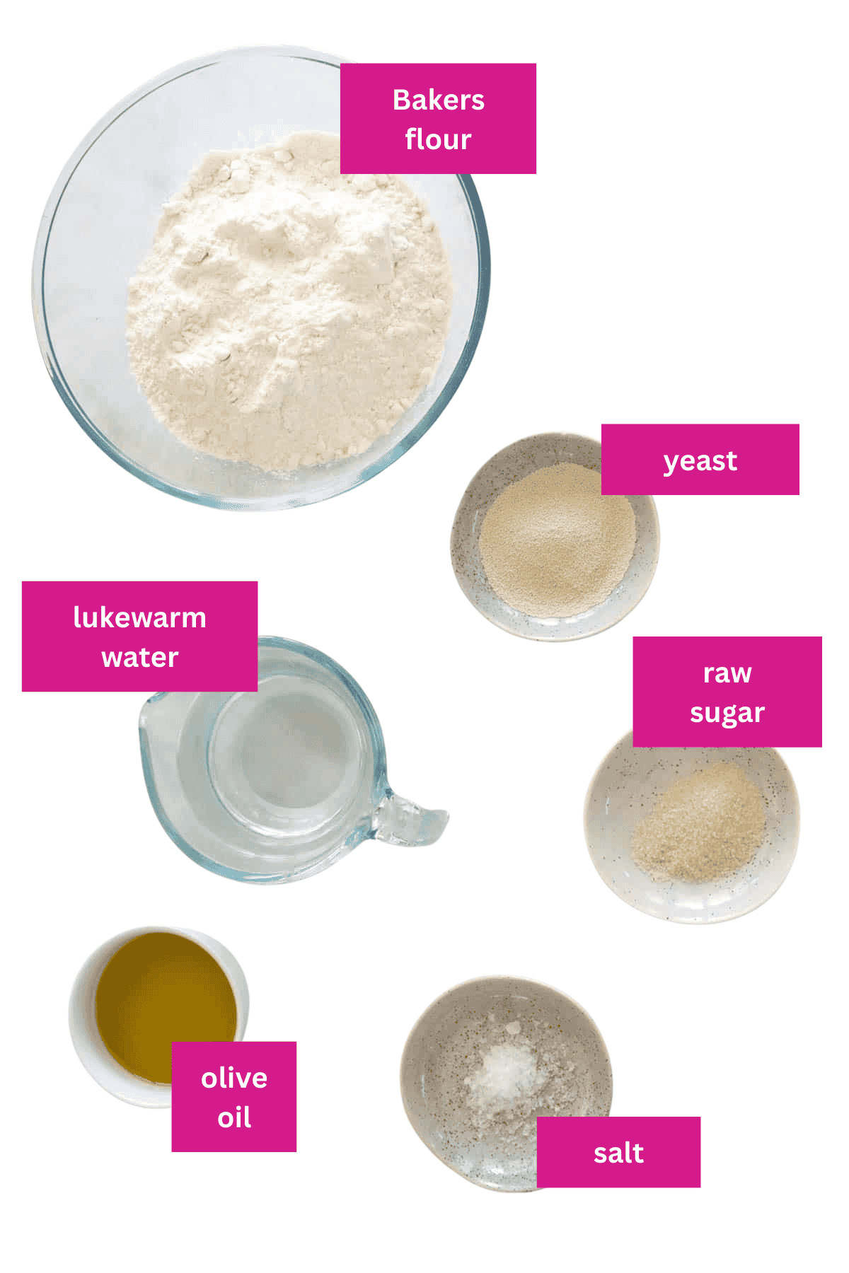 The ingredients for pizza dough made in a Thermomix in small bowls.