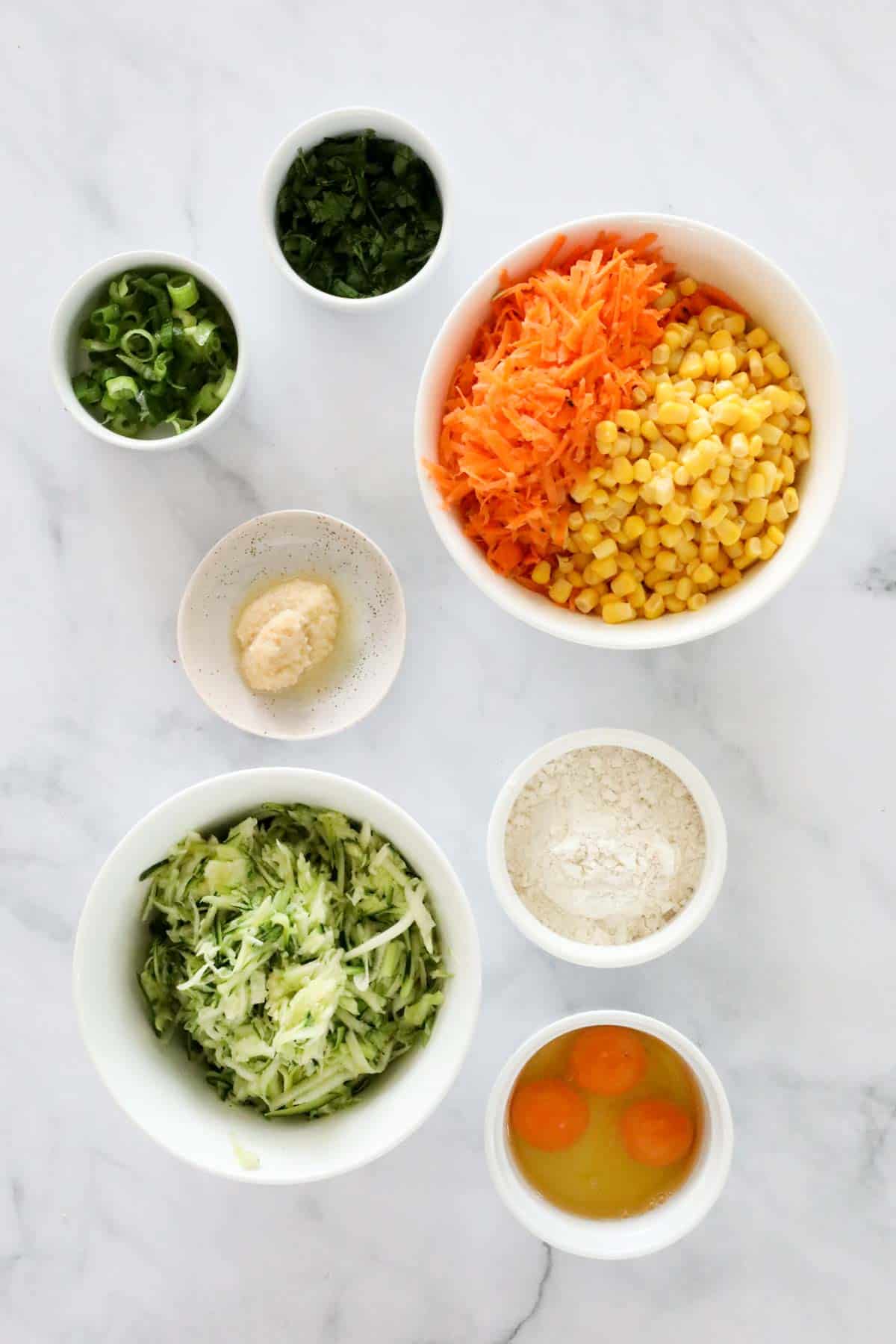 The ingredients for vegetable fritters.
