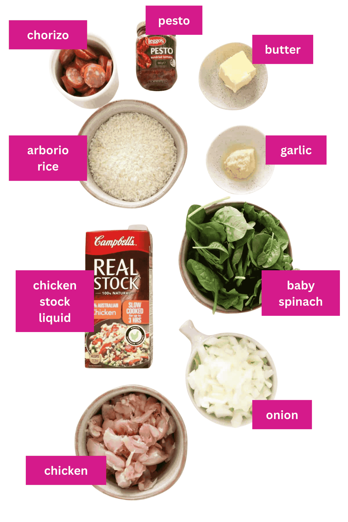 The ingredients for a pesto chicken and chorizo risotto.