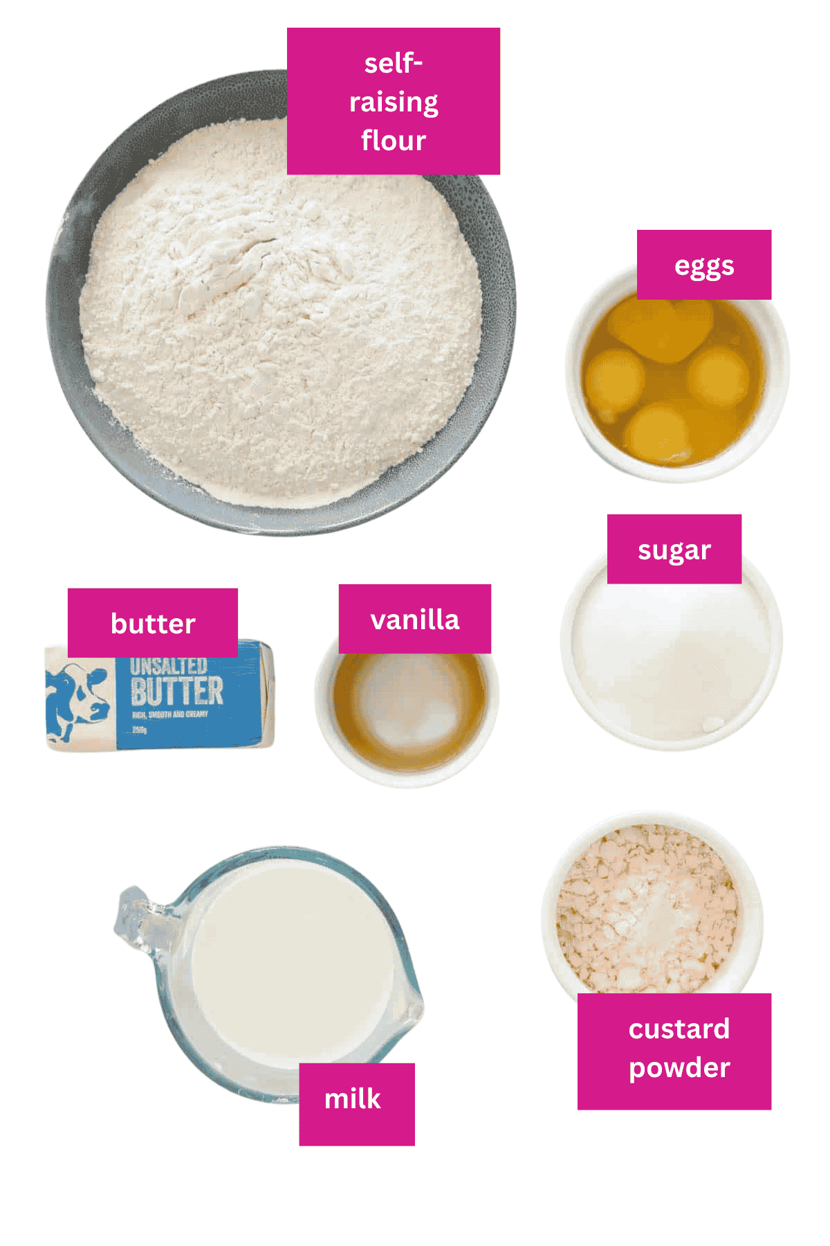 The ingredients for a custard cake laid out in bowls.