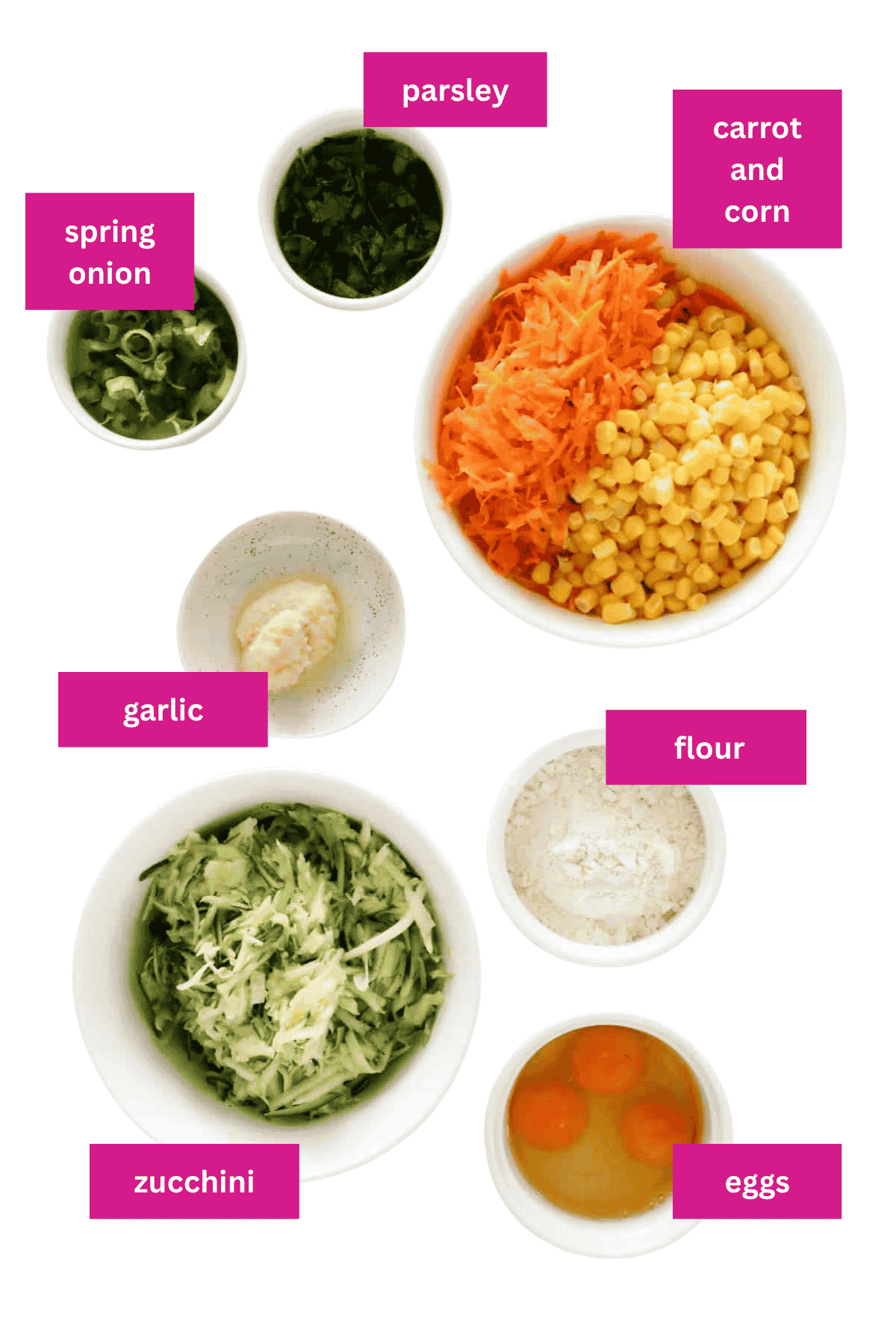 The ingredients for vegetable fritters.